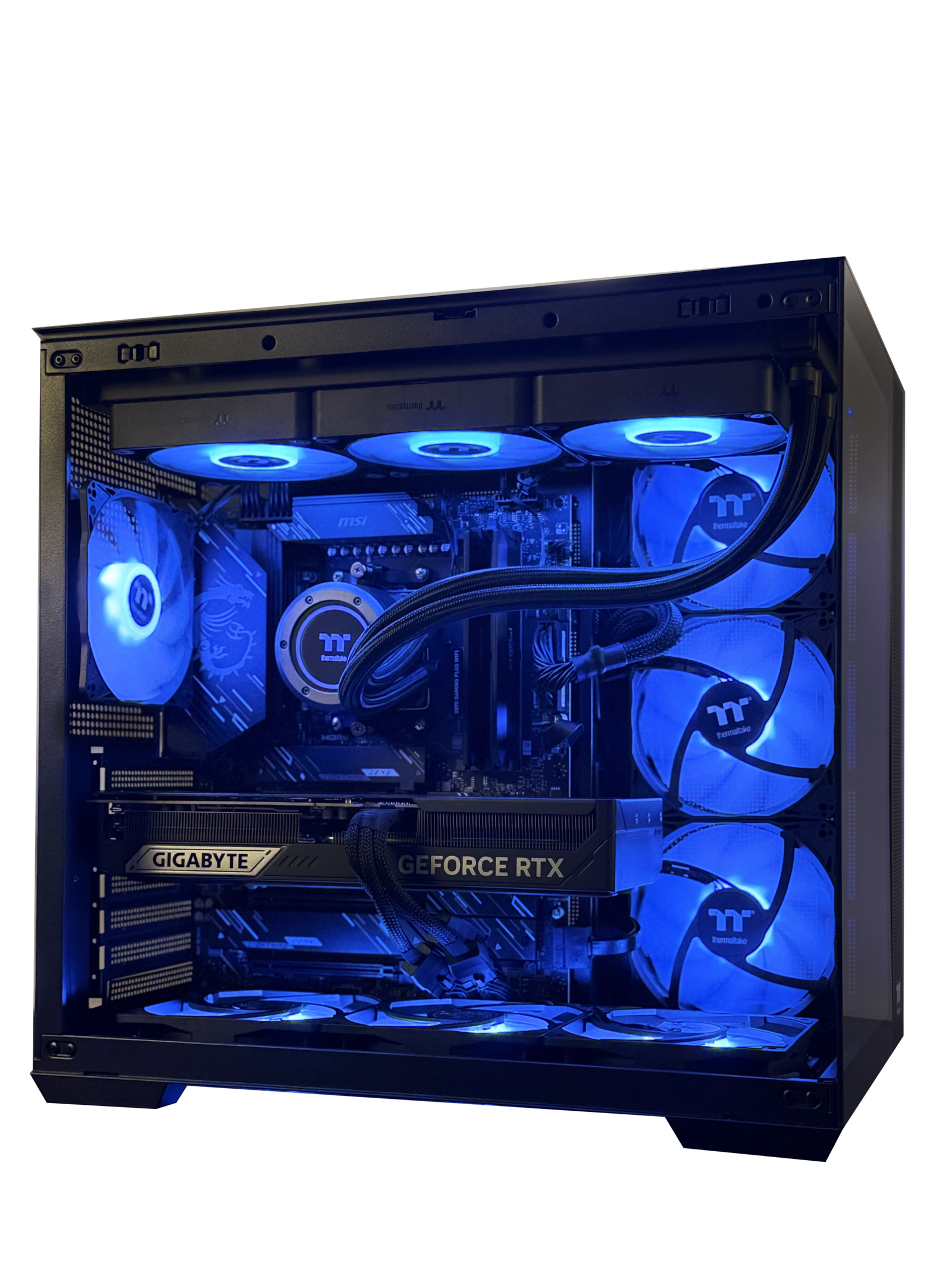 Infinity Apex Gaming PC with AMD Ryzen 7 9800X3D and NVIDIA GeForce RTX 5080 inside Thermaltake View 380 case with liquid cooling and RGB fans