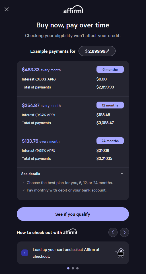 Infinity Computers PC financing with Affirm showing simple online application, fast approval, and flexible monthly payment options