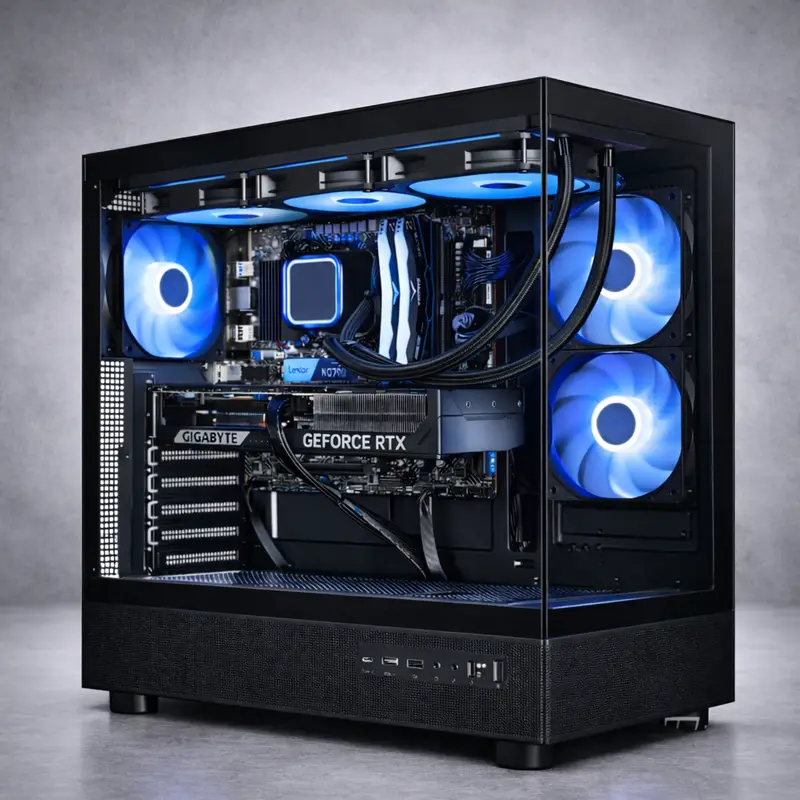 Black RTX gaming PC with blue RGB fans and tempered glass case