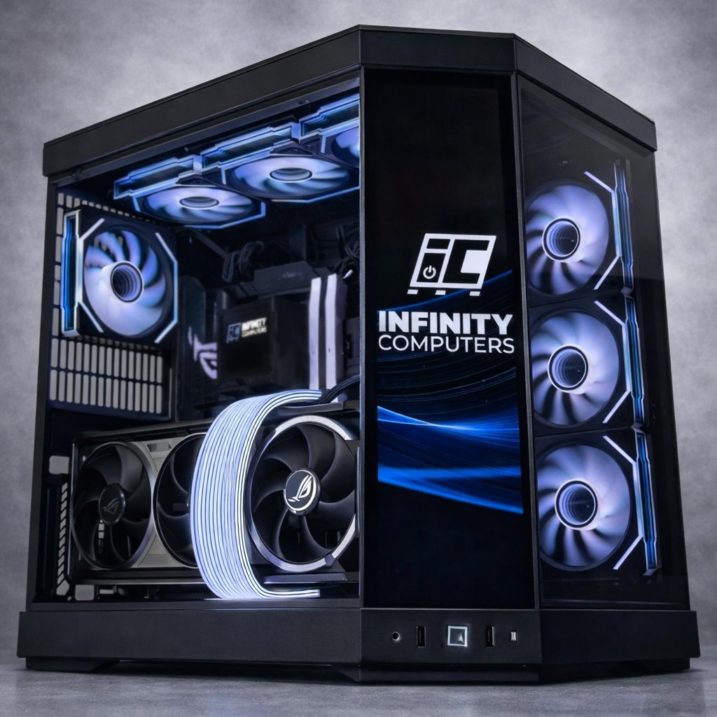 Infinity Obsidian RTX 5090 Gaming PC with Ryzen 7 9800X3D in Hyte Y70 Touch case with ARGB fans and liquid cooling