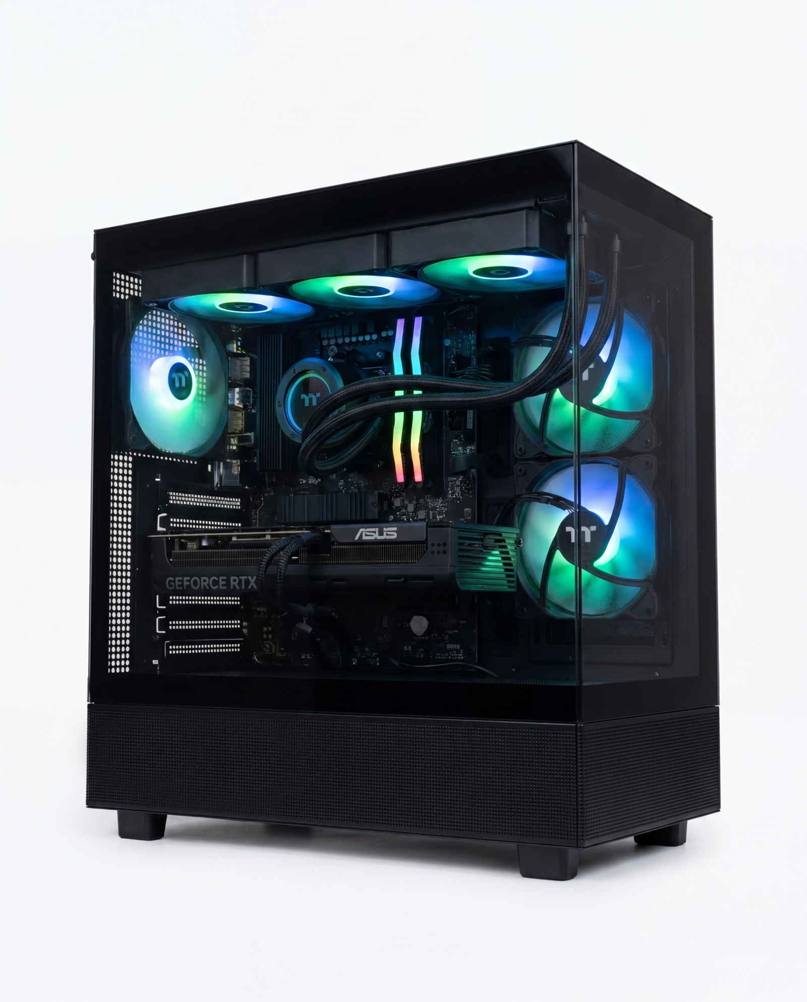 Black RTX gaming PC with aRGB fans and tempered glass case