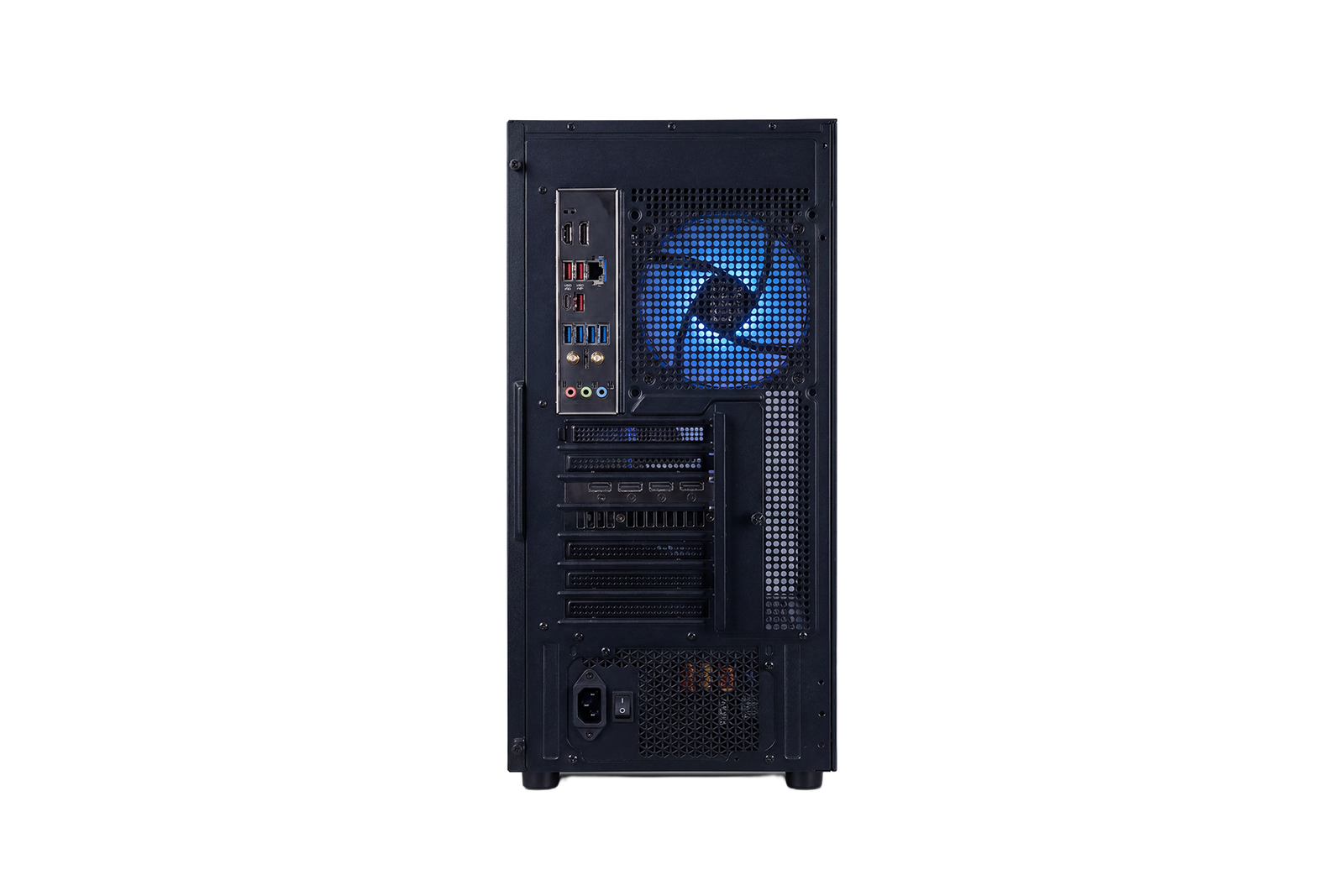 Infinity Stride RTX 5070 Gaming PC | Rear View Infinity Stride RTX 5070 gaming PC rear view showing rear ventilation, motherboard ports, graphics card outputs, and power supply area.