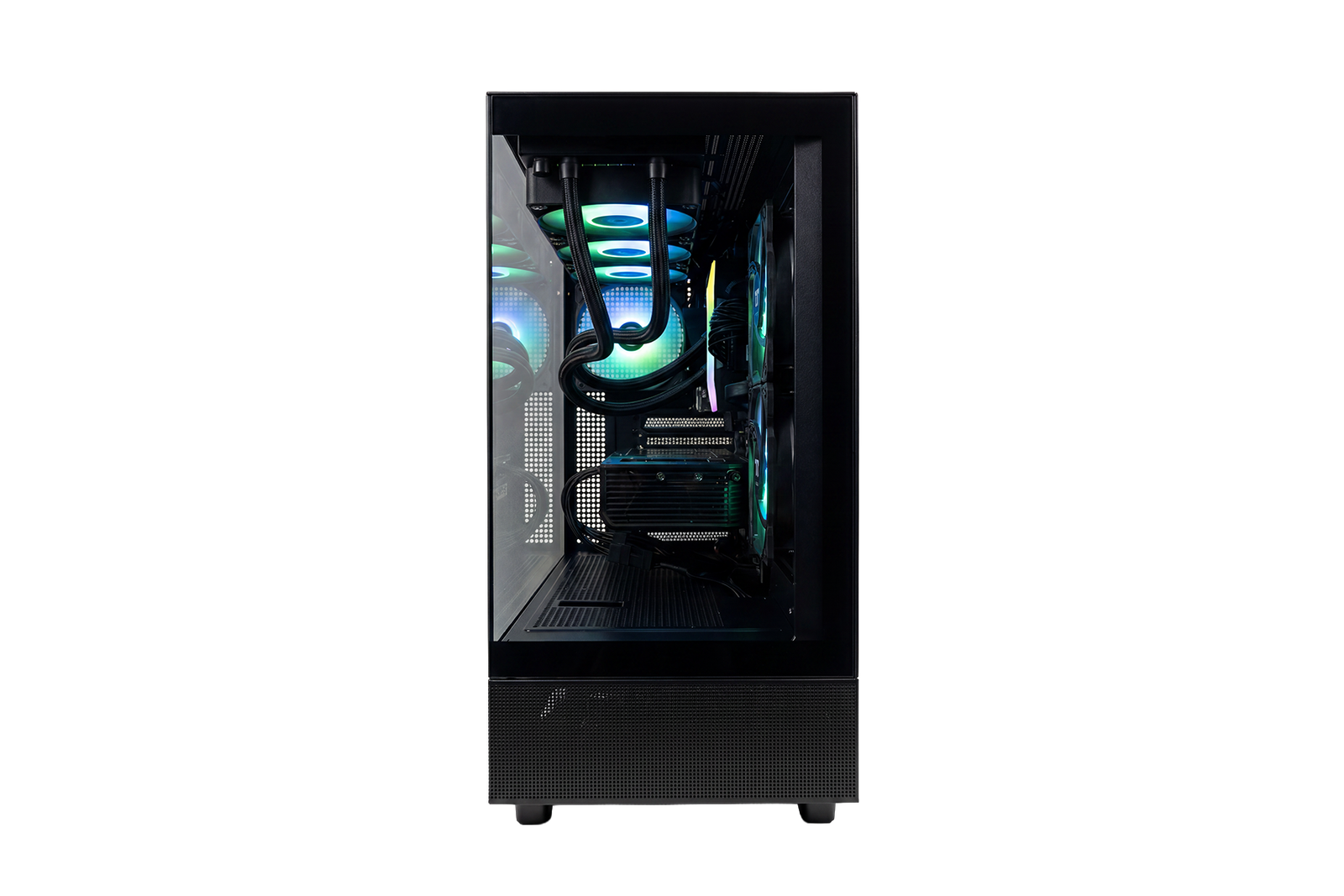 Infinity Stride RTX 5070 Gaming PC | Front View Infinity Stride RTX 5070 gaming PC front view with RGB fans, tempered glass side panel, and visible internal components.