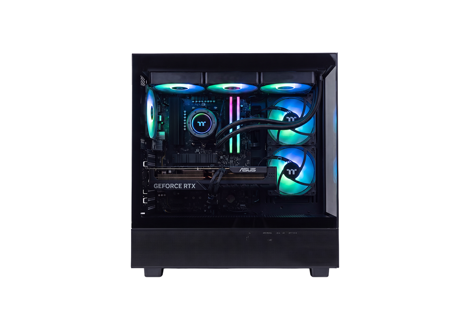 Infinity Stride RTX 5070 Gaming PC | Side View Infinity Stride RTX 5070 gaming PC angled side view showing the case profile, RGB lighting, and tempered glass panel.