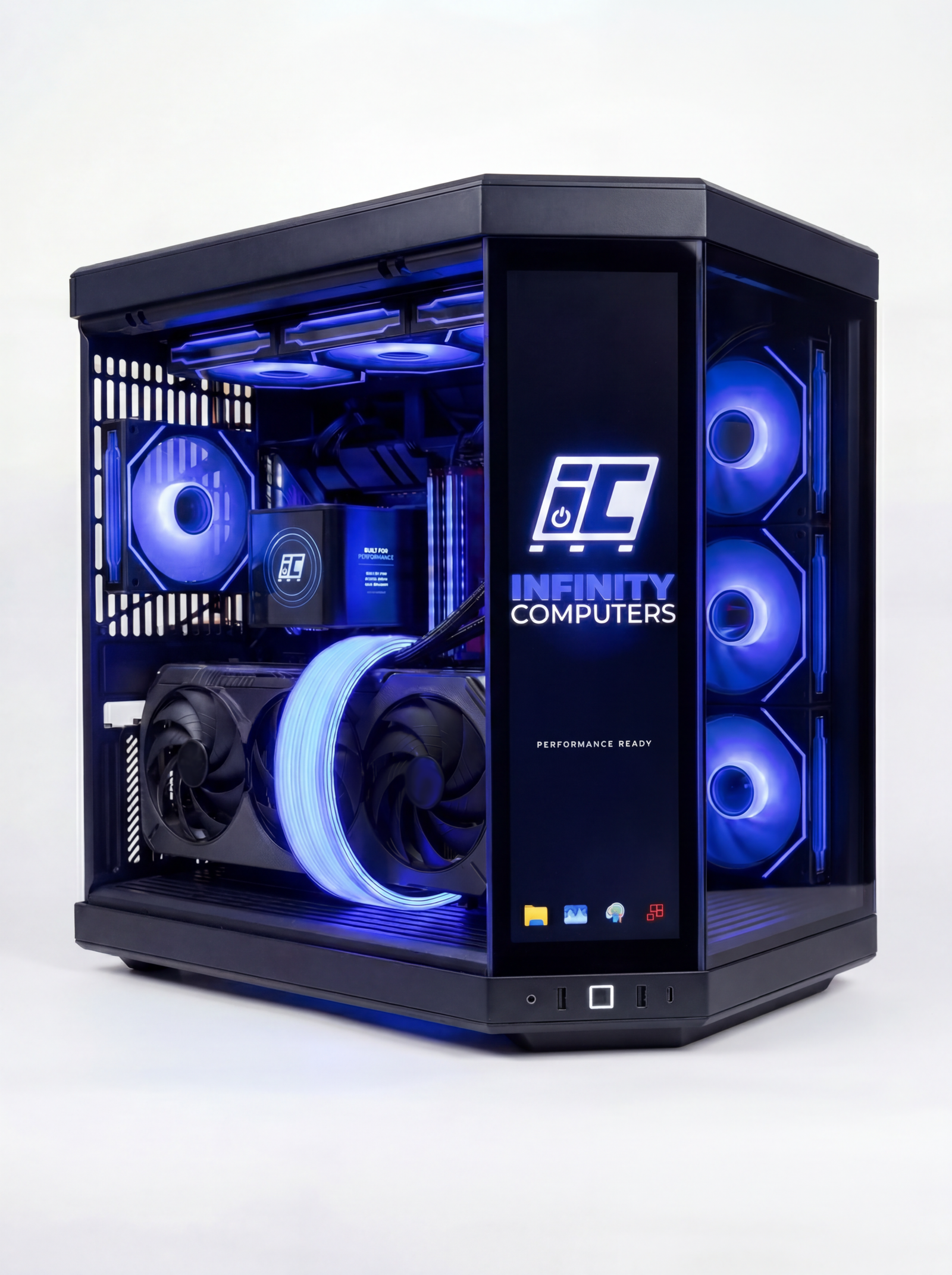 Infinity Obsidian RTX 5090 gaming PC angled view with black case, blue RGB lighting, tempered glass, and high-end internal components.