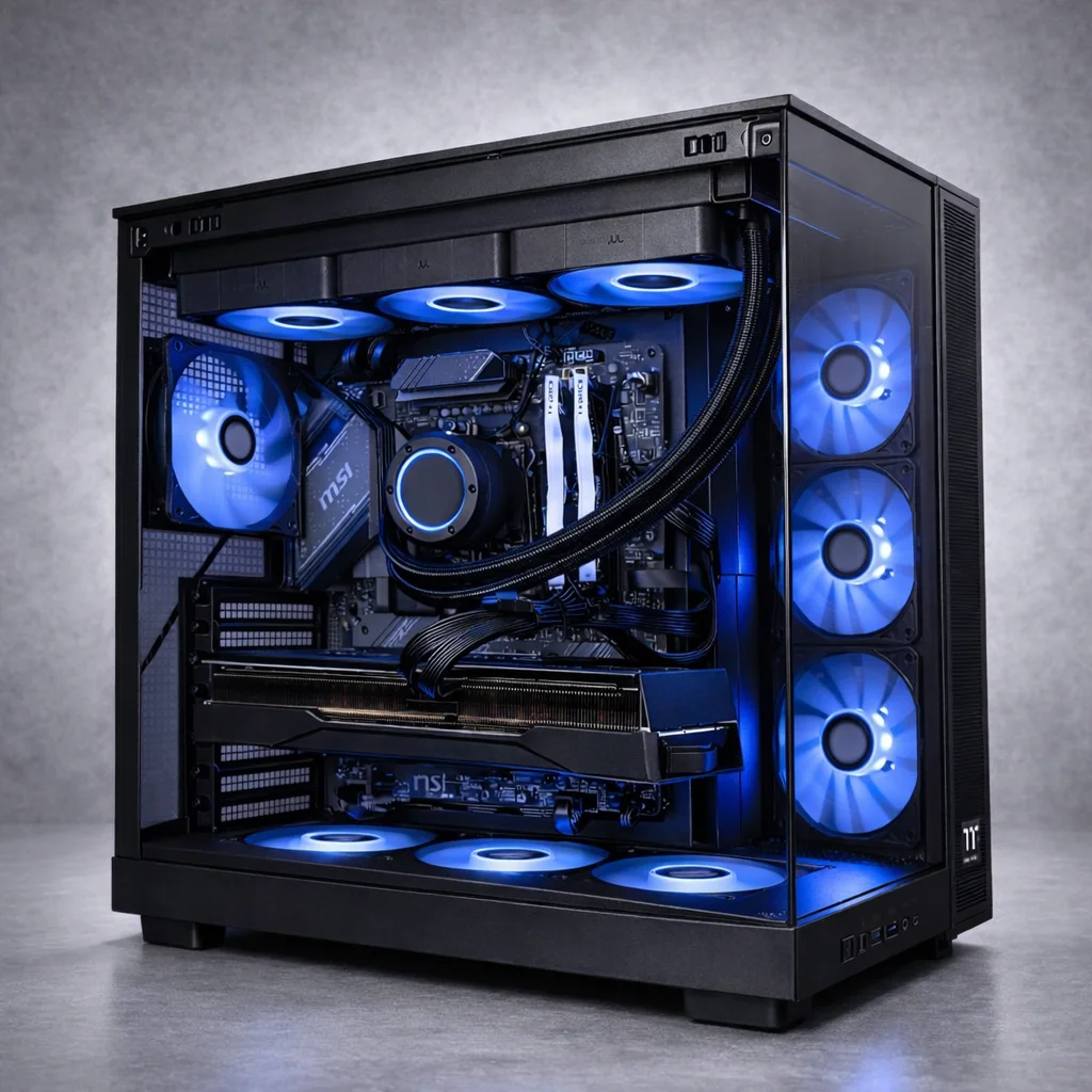 Black gaming PC with blue RGB fans and liquid cooling in tempered glass case