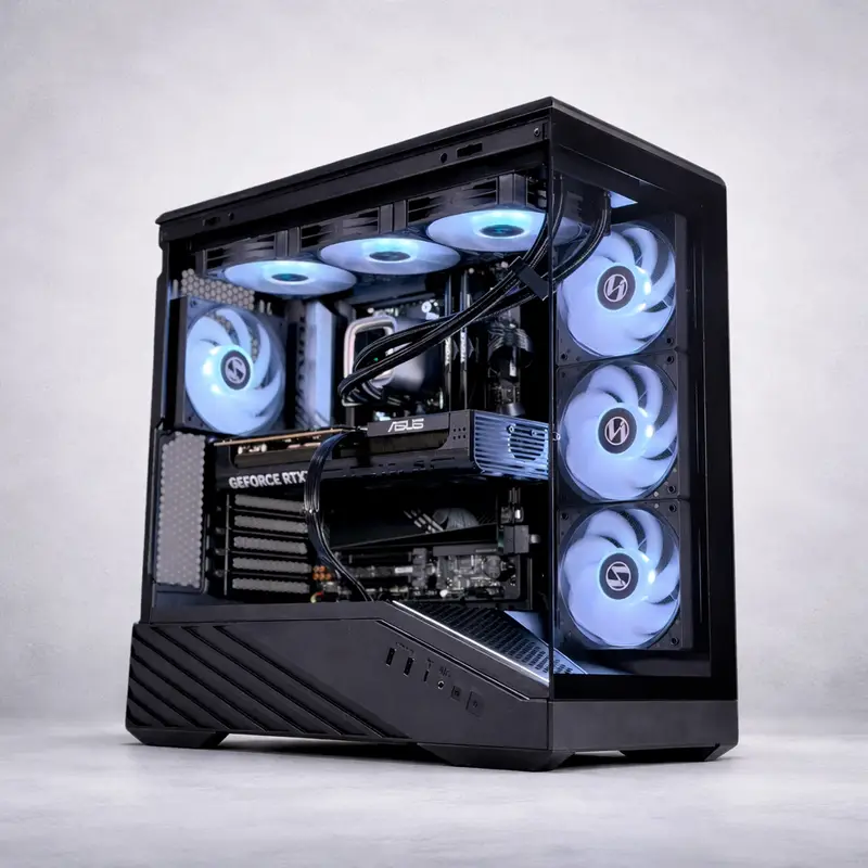 Black RTX Gaming PC with blue RGB fans in Lian Li case