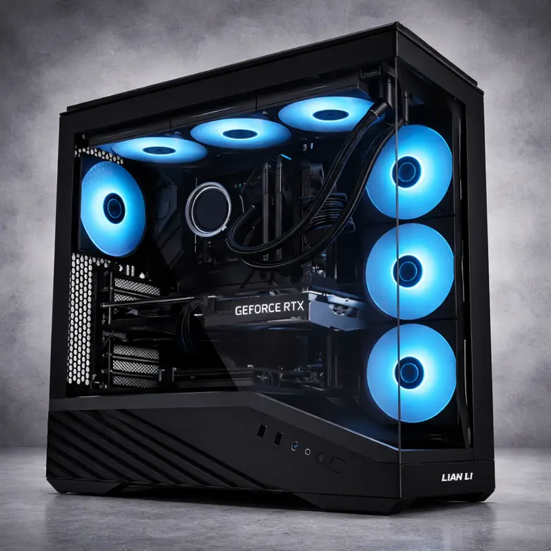 Black RTX Gaming PC with blue RGB fans in Lian Li case