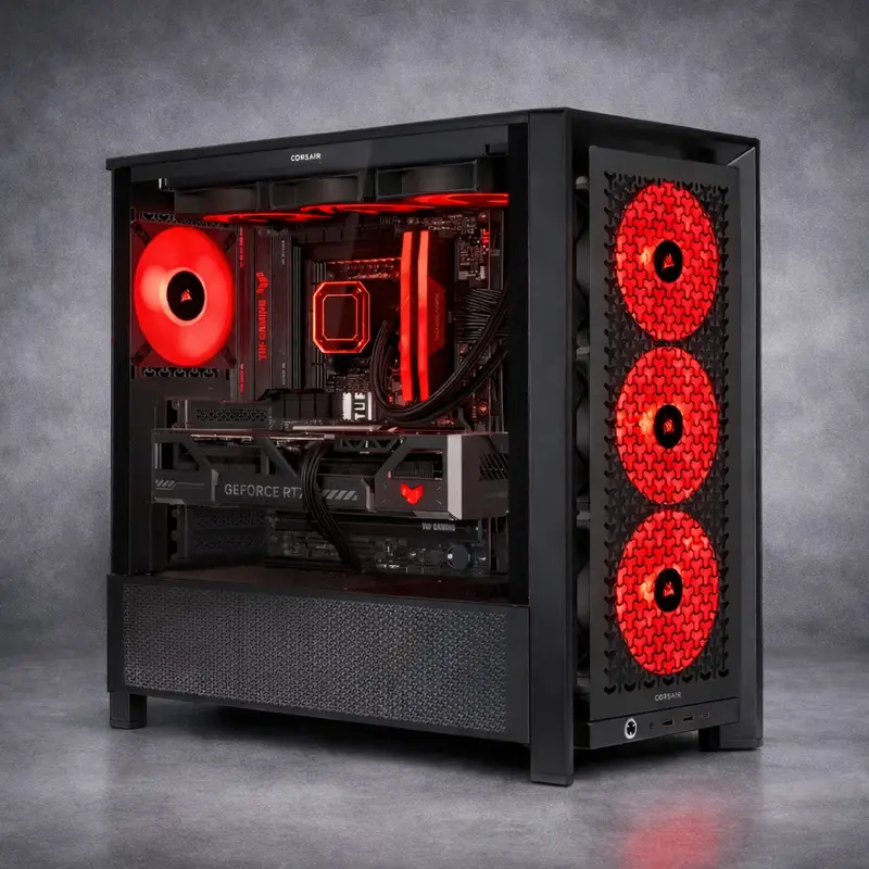 RTX 5070 Ti Gaming PC with red RGB fans and Intel Ultra 7 265K