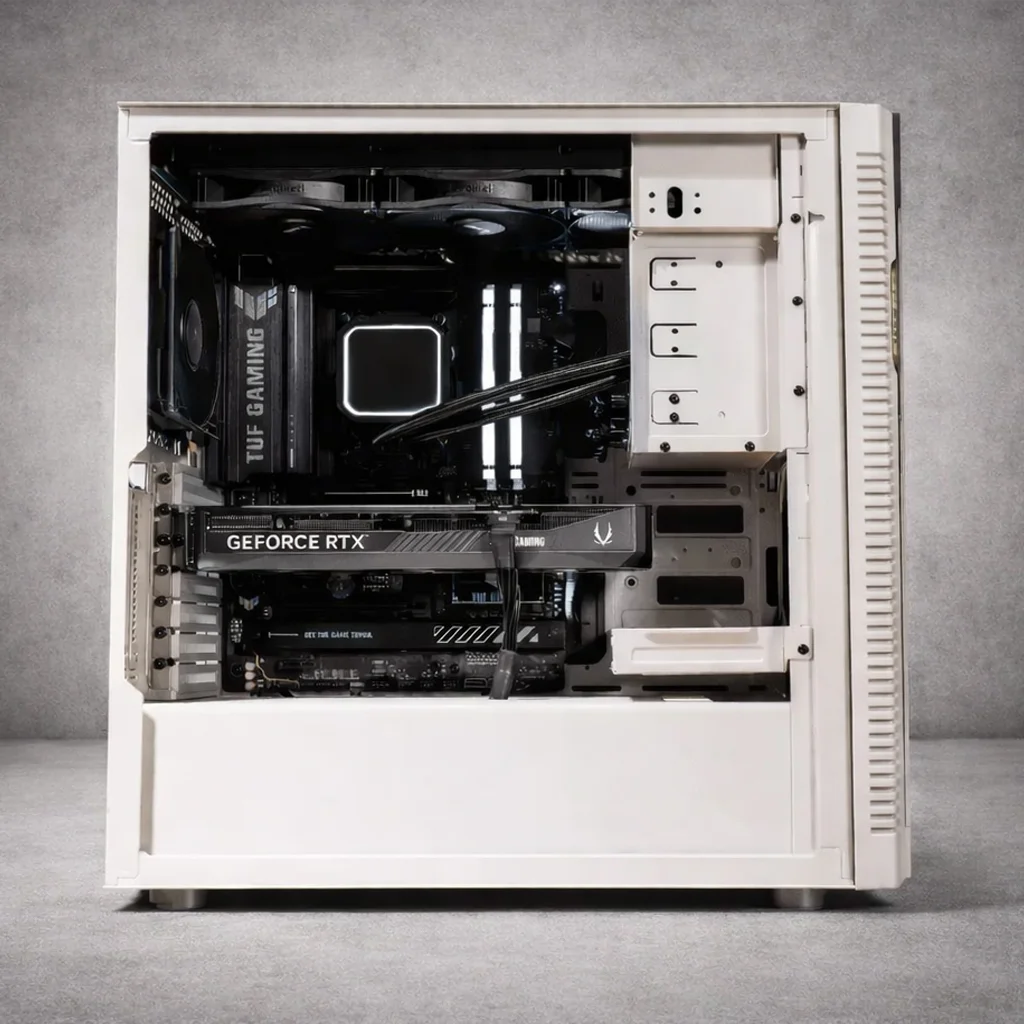 Infinity Legacy RTX 5090 gaming PC in Silverstone FLP02 retro tower case with white lighting