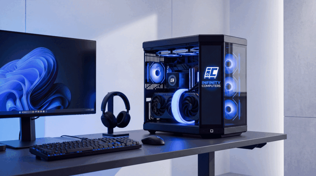High-performance custom gaming PC with blue lighting, monitor, keyboard, mouse, and headset on a modern desk setup.