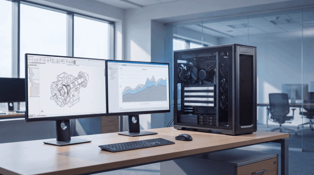 Professional workstation PC with dual monitors showing CAD, engineering, and data visualization workloads in a modern office setup.