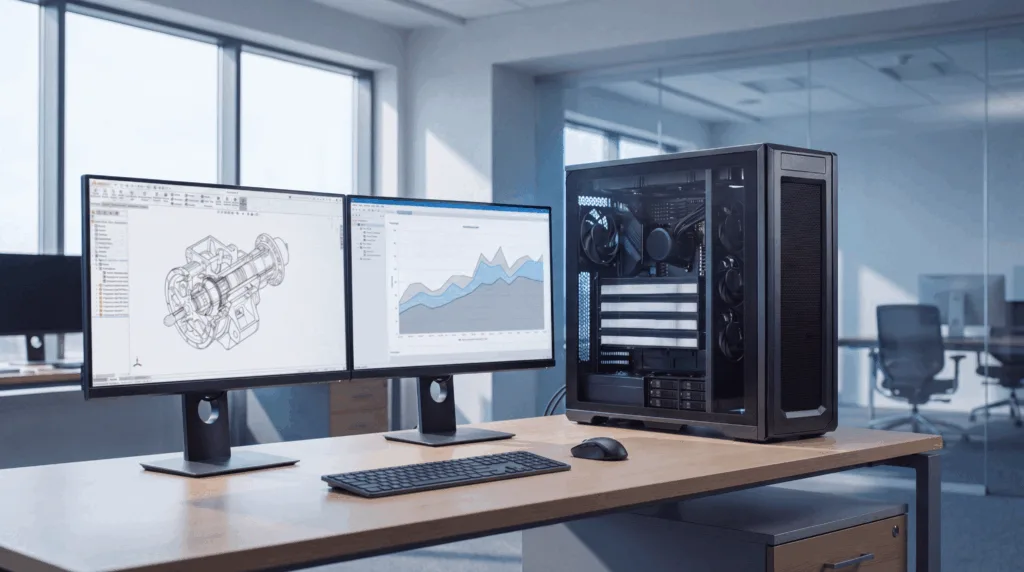 Professional workstation PC with dual monitors showing CAD, engineering, and data visualization workloads in a modern office setup.